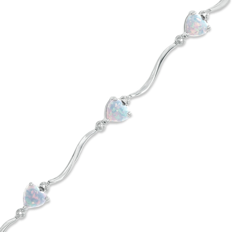 5mm Heart-Shaped Lab-Created Opal and Diamond Accent Bracelet in Sterling Silver