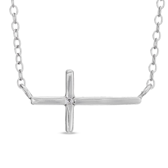 Diamond Accent Sideways Cross Necklace in Sterling Silver