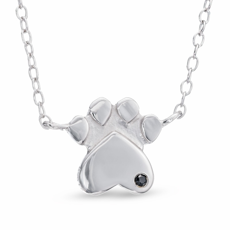 Black Diamond Accent Paw Print Necklace in Sterling Silver