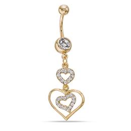014 Gauge Triple Heart Dangle Belly Button Ring with Crystals in Stainless Steel with Yellow IP