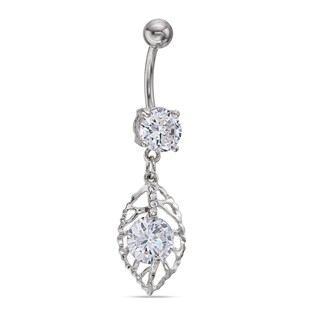 014 Gauge Cubic Zirconia Leaf Dangle Belly Button Ring in Stainless Steel