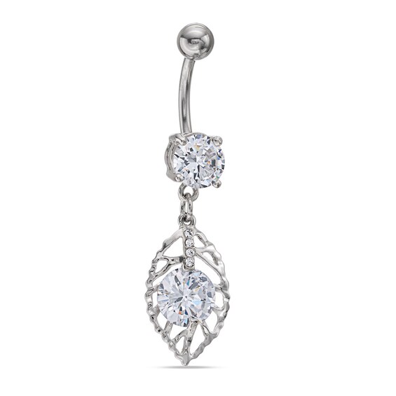 014 Gauge Cubic Zirconia Leaf Dangle Belly Button Ring in Stainless Steel