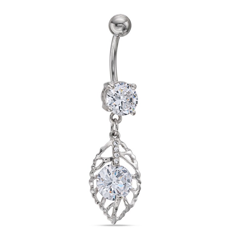 014 Gauge Cubic Zirconia Leaf Dangle Belly Button Ring in Stainless Steel