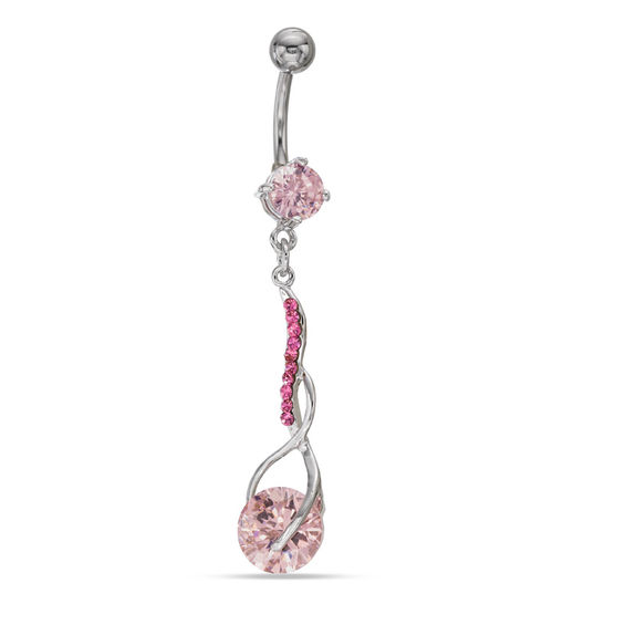 014 Gauge Pink Cubic Zirconia Abstract Infinity Dangle Belly Button Ring in Stainless Steel