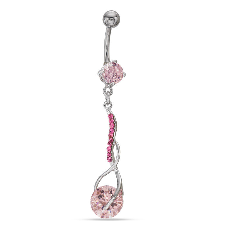 014 Gauge Pink Cubic Zirconia Abstract Infinity Dangle Belly Button Ring in Stainless Steel
