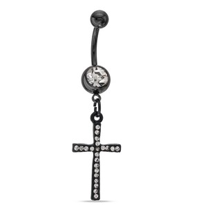 014 Gauge Crystal Cross Dangle Belly Button Ring in Stainless Steel with Black IP