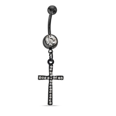 014 Gauge Crystal Cross Dangle Belly Button Ring in Stainless Steel with Black IP
