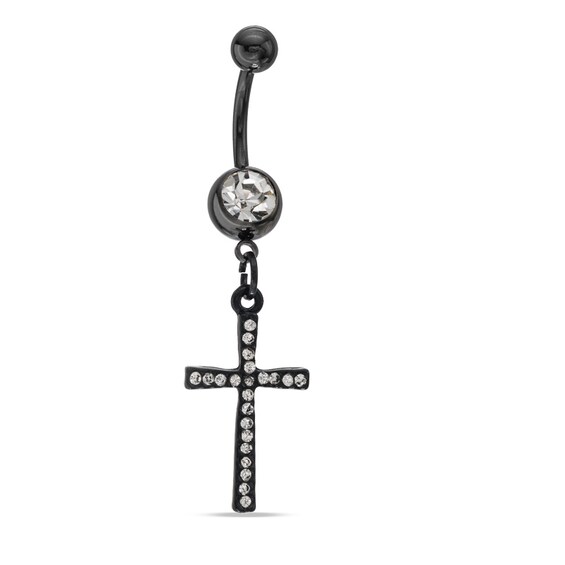 014 Gauge Crystal Cross Dangle Belly Button Ring in Stainless Steel with Black IP