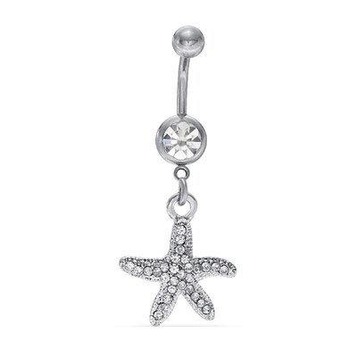 014 Gauge Belly Button Ring with Crystal Starfish Dangle in Stainless Steel