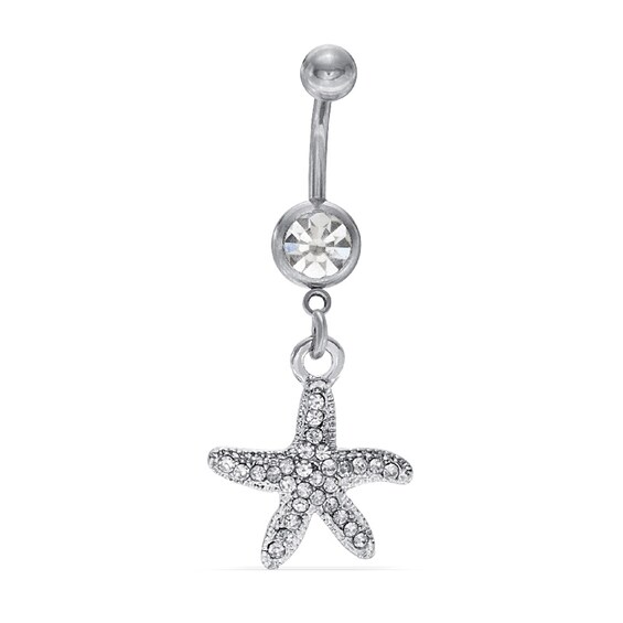 014 Gauge Belly Button Ring with Crystal Starfish Dangle in Stainless Steel