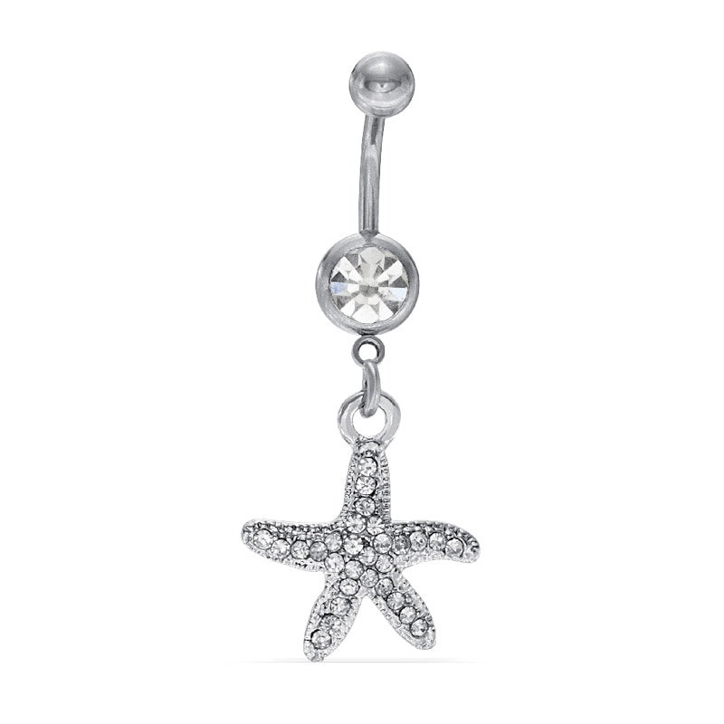 014 Gauge Belly Button Ring with Crystal Starfish Dangle in Stainless Steel