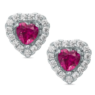 Child's 4mm Heart-Shaped Red and White Cubic Zirconia Frame Stud Earrings in Sterling Silver