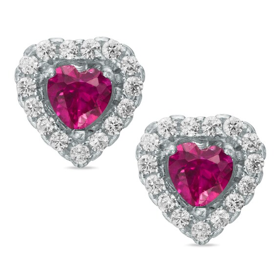 Child's 4mm Heart-Shaped Red and White Cubic Zirconia Frame Stud Earrings in Sterling Silver