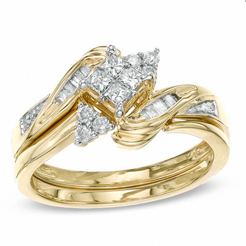 3/8 CT. T.W. Princess-Cut Quad Diamond Swirled Bridal Set in 10K Gold - Size 7