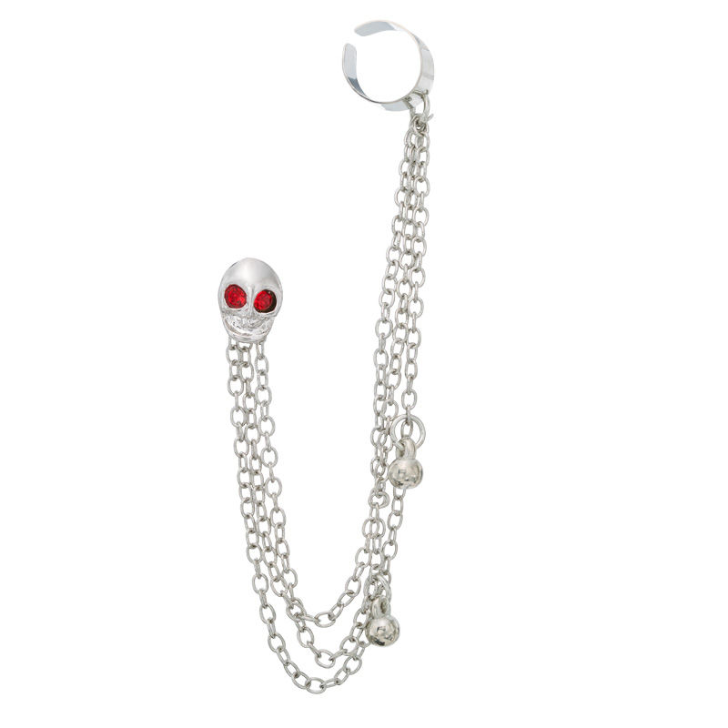 Red Crystal Alien Stud with Ear Cuff Chain Single Earring in White Metal
