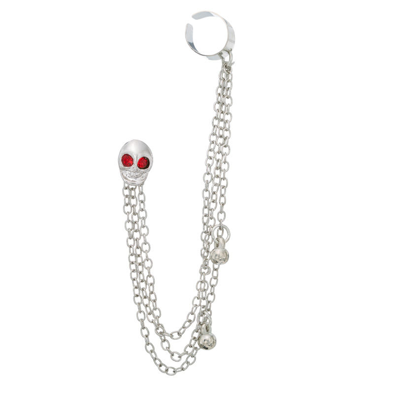 Main Image 1 of Red Crystal Alien Stud with Ear Cuff Chain Single Earring in White Metal