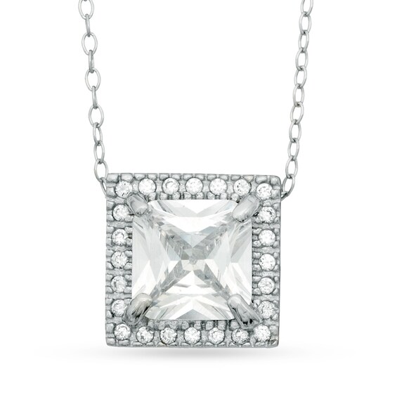 7mm Princess-Cut Cubic Zirconia Frame Pendant in Sterling Silver - 20"