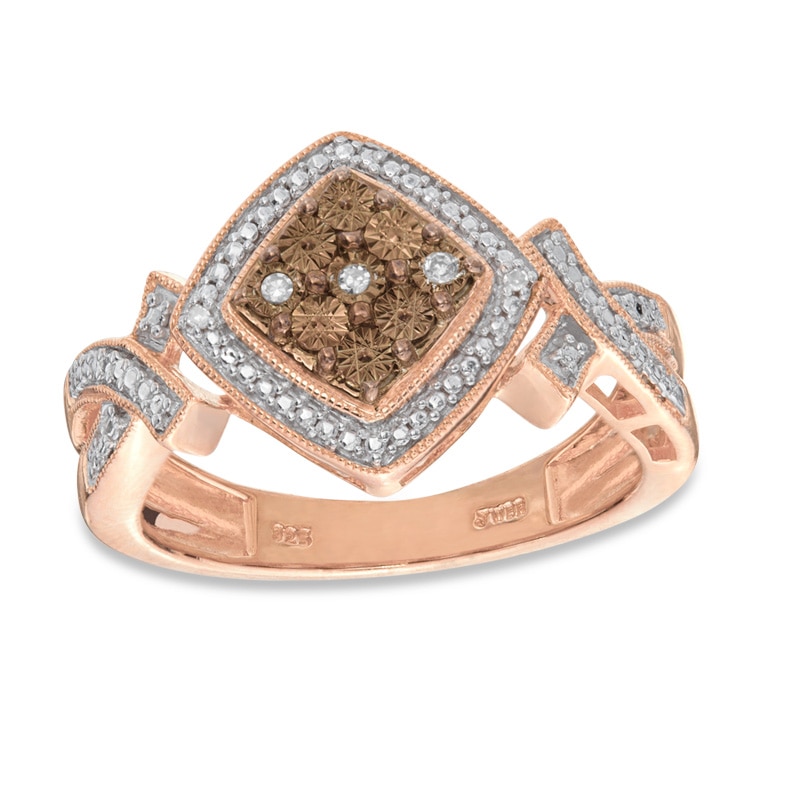 Champagne and White Diamond Accent Tilted Square Ring in Sterling Silver and 14K Rose Gold Plate - Size 7