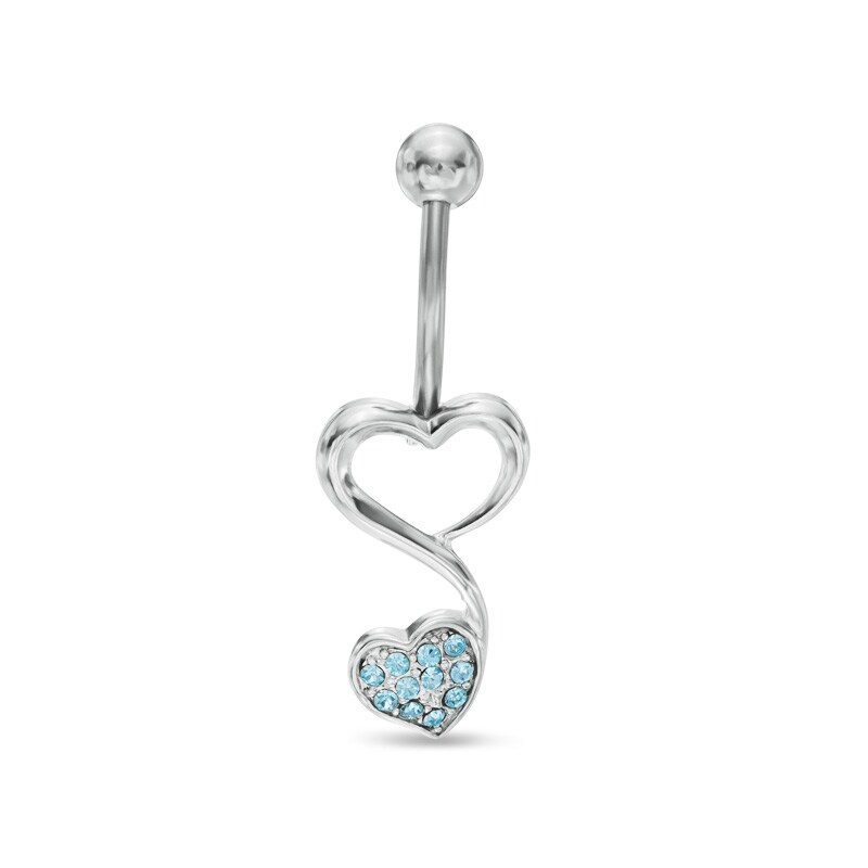 014 Gauge Double Heart Top-Down Belly Button Ring in Stainless Steel with Blue Crystal