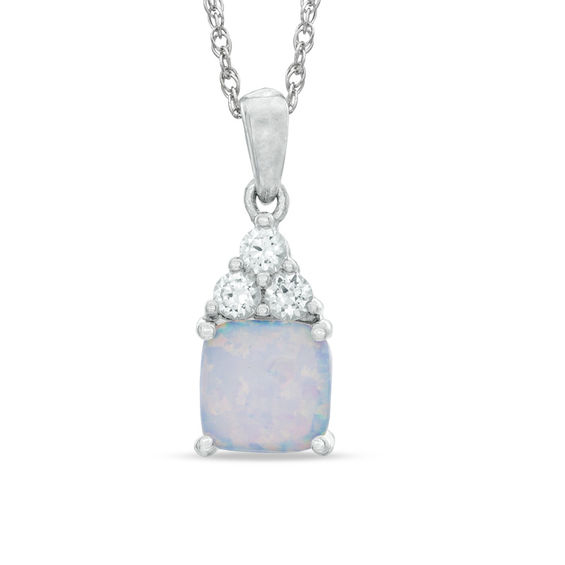 7mm Cushion-Cut Lab-Created Opal and White Sapphire Pendant in Sterling Silver