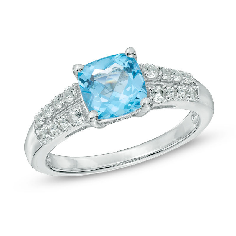 7mm Cushion-Cut Swiss Blue Topaz and Lab-Created White Sapphire Ring in Sterling Silver - Size 7