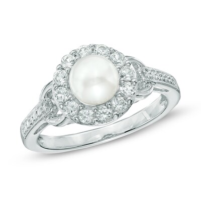 6mm Freshwater Cultured Pearl and Lab-Created White Sapphire Frame Ring in Sterling Silver - Size 7