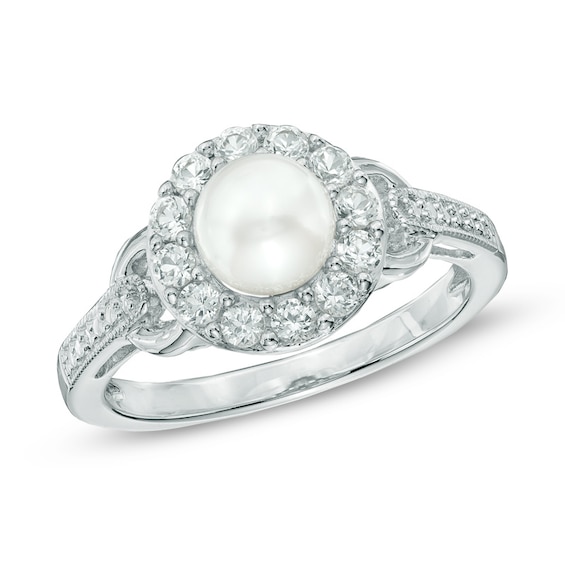 6mm Freshwater Cultured Pearl and Lab-Created White Sapphire Frame Ring in Sterling Silver - Size 7