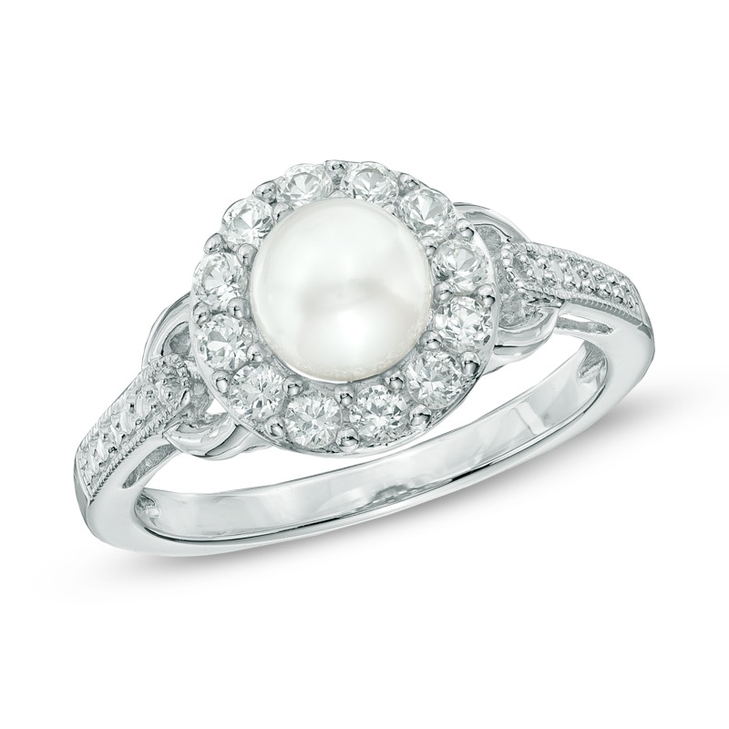 6mm Cultured Freshwater Pearl and Lab-Created White Sapphire Frame Ring in Sterling Silver - Size 7