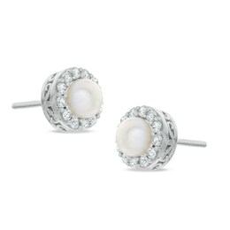 5mm Cultured Freshwater Pearl and Lab-Created White Sapphire Frame Stud Earrings in Sterling Silver