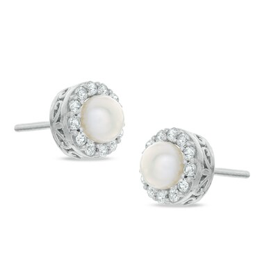 5mm Freshwater Cultured Pearl and Lab-Created White Sapphire Frame Stud Earrings in Sterling Silver