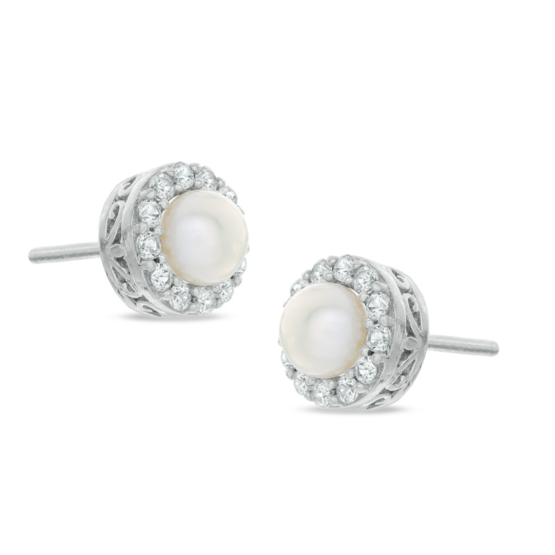 5mm Freshwater Cultured Pearl and Lab-Created White Sapphire Frame Stud Earrings in Sterling Silver