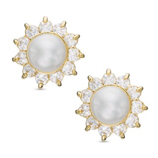4mm Simulated Pearl and Cubic Zirconia Frame Stud Earrings in 14K Gold