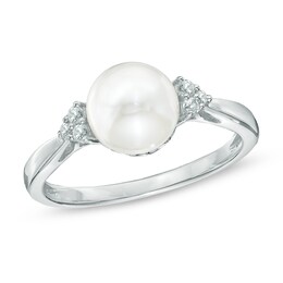 7.5 - 8mm Cultured Freshwater Pearl and Lab-Created White Sapphire Ring in Sterling Silver - Size 7