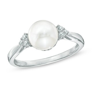 7.5 - 8mm Freshwater Cultured Pearl and Lab-Created White Sapphire Ring in Sterling Silver - Size 7