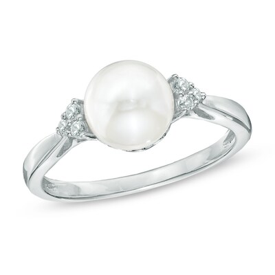 7.5 - 8mm Freshwater Cultured Pearl and Lab-Created White Sapphire Ring in Sterling Silver - Size 7