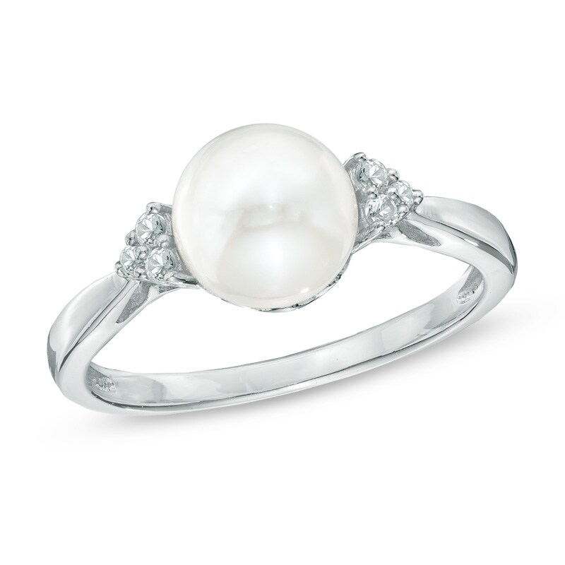 7.5 - 8mm Freshwater Cultured Pearl and Lab-Created White Sapphire Ring in Sterling Silver - Size 7