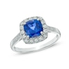 Thumbnail Image 0 of 7mm Cushion-Cut Lab-Created Blue and White Sapphire Frame Ring in Sterling Silver - Size 7