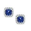Thumbnail Image 1 of 6mm Cushion-Cut Lab-Created Blue and White Sapphire Frame Stud Earrings in Sterling Silver