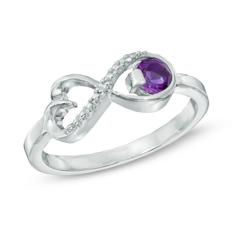 4mm Amethyst and Diamond Accent Sideways Infinity Heart Ring in Sterling Silver - Size 7