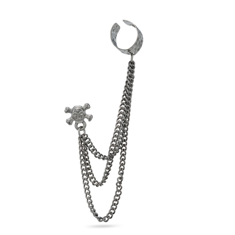 Skull Stud with Ear Cuff Chain Single Earring in Grey Metal