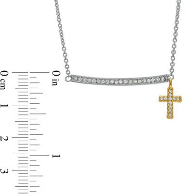 Crystal Bar Necklace with Cross Dangle in Two-Tone Rhodium Brass