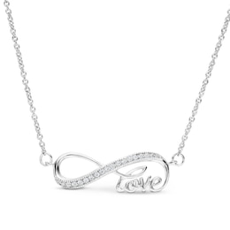 Cubic Zirconia Sideways Infinity with &quot;love&quot; Necklace in Sterling Silver
