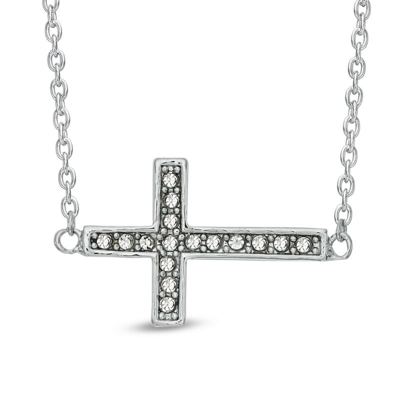 Crystal Sideways Cross Necklace in White Rhodium Brass