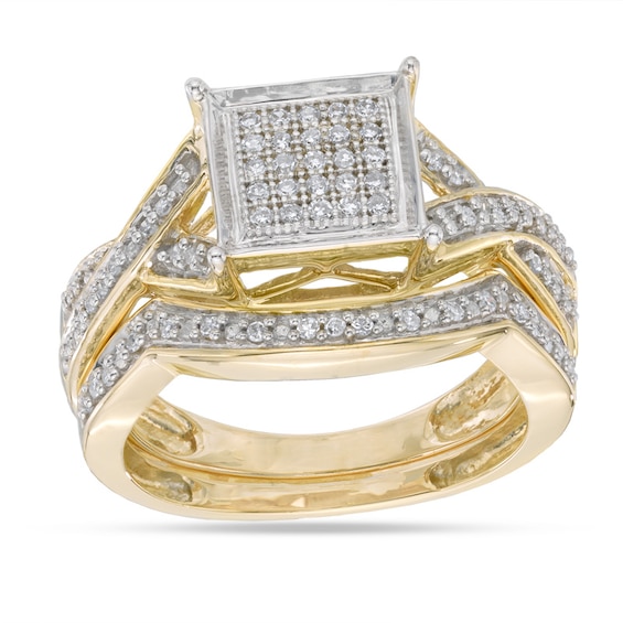 1/4 CT. T.W. Diamond Square Cluster Bridal Set in 10K Gold - Size 7