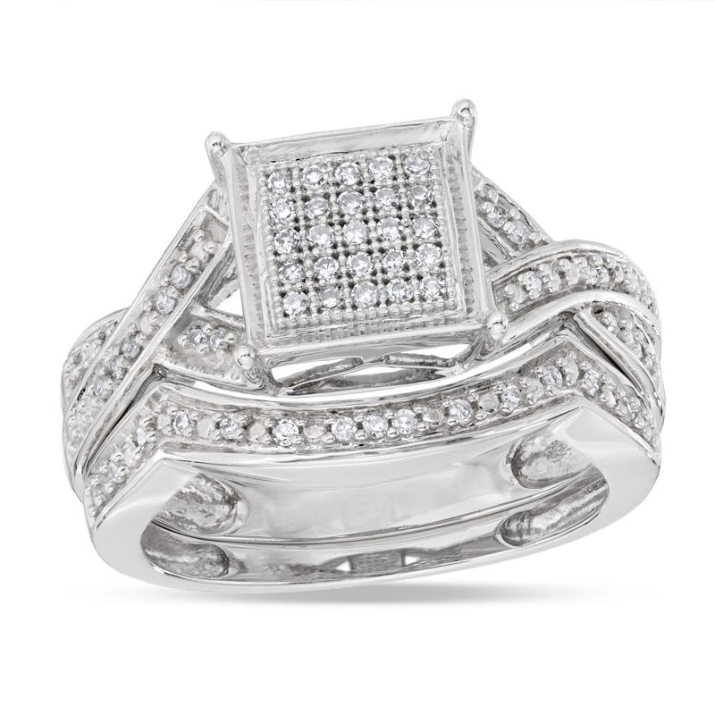 1/4 CT. T.W. Diamond Square Cluster Twist Bridal Set in 10K White Gold - Size 7