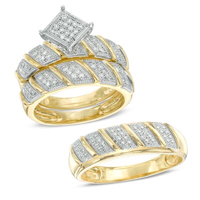 1/3 CT. T.W. Diamond Tilted Square Cluster Wedding Ensemble in 10K Gold - Size 7 and 10.5