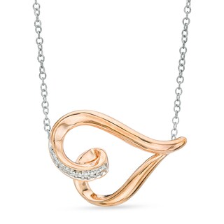 Diamond Accent Sideways Curly Heart Pendant in Sterling Silver and 14K Rose Gold Plate
