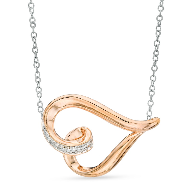 Diamond Accent Sideways Curly Heart Pendant in Sterling Silver and 14K Rose Gold Plate