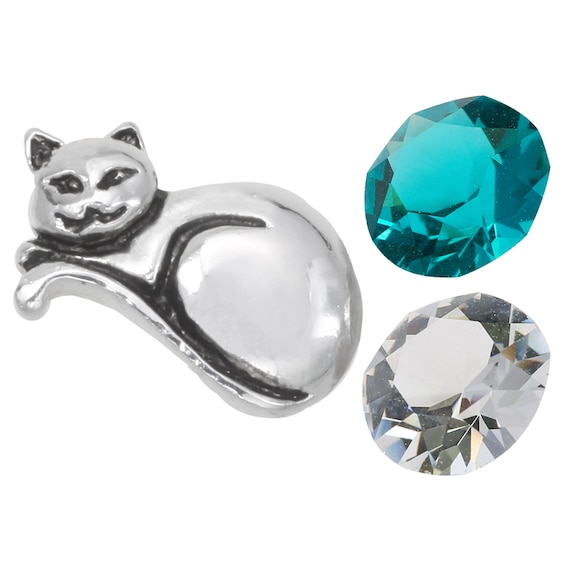 Floating Lockets Cat Charm in Alloy with Blue and Clear Crystal Solitaires