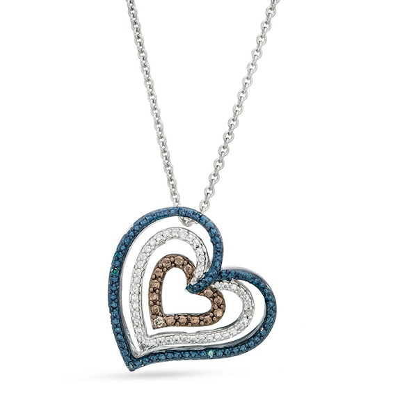 Enhanced Blue, Champagne and White Diamond Accent Layered Heart Pendant in Sterling Silver